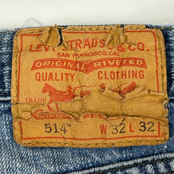 Levis 514 Straight Fit Jeans Distressed Levi Strauss Denim Blue Mens 32x32 - Picture 9 of 14